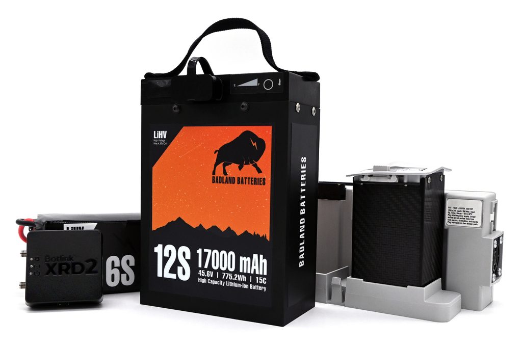 Battery packs and a charging unit on display.